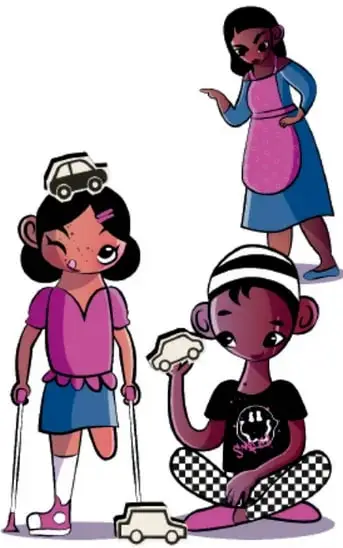 Ilustración de Carmen jugando con carritos junto a su vecino, mientras la mamá del vecino la regaña señalándola con el dedo.