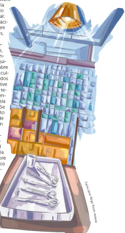 Ilustración de un laboratorio secreto con estantes, frascos, instrumentos quirúrgicos y una lámpara colgante.