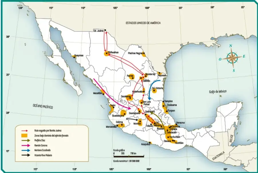 Mapa de México titulado 'Mapa de ejércitos liberales en su ruta a la Ciudad de México'. Muestra flechas de colores que indican las rutas de Benito Juárez, Porfirio Díaz, Ramón Corona, Mariano Escobedo y Vicente Riva Palacio. También señala zonas bajo dominio del ejército francés en color naranja y ciudades como Guaymas, Monterrey, Saltillo, Zacatecas, San Luis Potosí, Querétaro, Puebla, Oaxaca, entre otras.