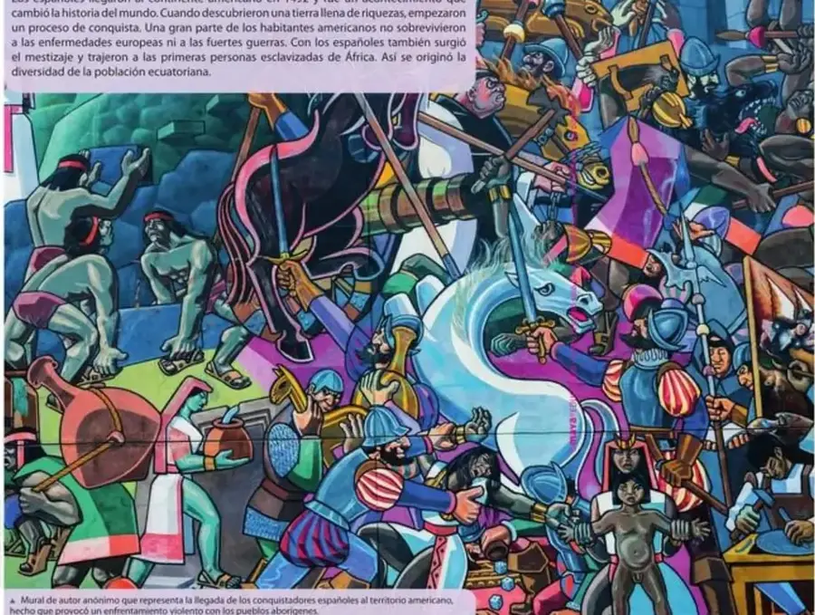 Mural anónimo que representa la violenta llegada de los conquistadores españoles al territorio americano.