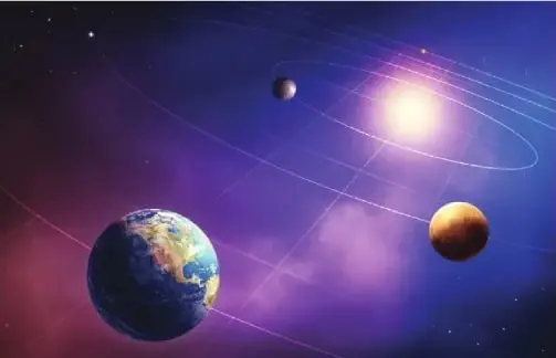 Ilustración del Sol y de las órbitas de la Tierra, Venus y Mercurio.