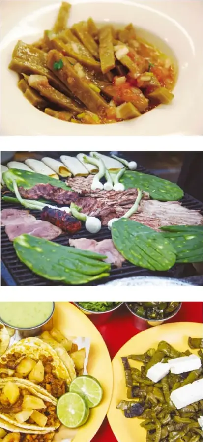 Platillo con nopales en tiras guisados en salsa roja, servido en un plato blanco.