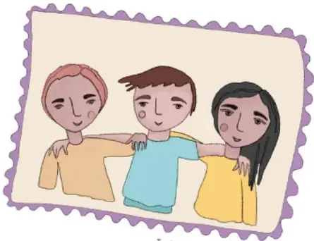 Ilustración de tres niños abrazándose con sonrisa, enmarcada como sello filatélico, obra de Tania Villanueva López, RUTA.