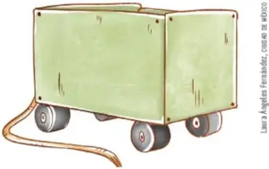 Carro de tablas de madera con ruedas de bicicleta y asa de cuerda.