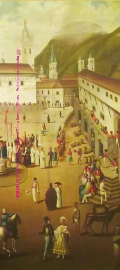 Pintura de una ciudad andina del siglo XVIII, con iglesias, edificios coloniales, calles concurridas y personas de distintas vestimentas y ocupaciones.