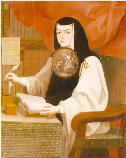 Retrato de Sor Juana Inés de la Cruz escribiendo en un libro, con un medallón y una pluma, en un interior con cortinajes.