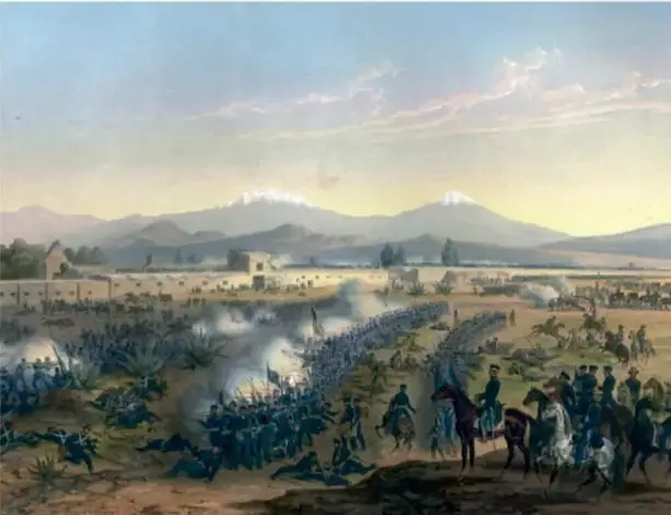 Pintura histórica de una batalla del siglo XIX, con soldados, caballos, humo y montañas al fondo.