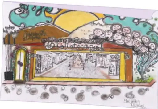 Ilustración de un edificio de biblioteca con la palabra 'Biblioteca' en la fachada, árboles con flores rosas, nubes de colores y firmas de los autores (Eva Aztli González Fernández, Hikuani L. Cuauhtémoc Nioxó).