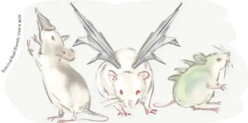 Ilustración de tres ratones modificados: uno con alas metálicas, otro con púas vegetales y otro de color verde.