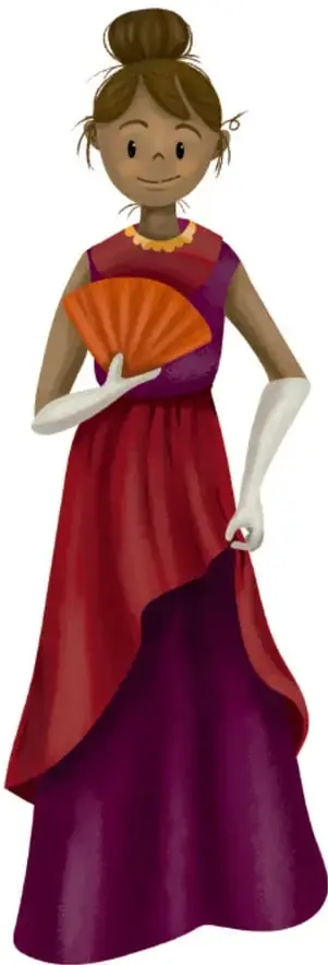 Ilustración de una joven con vestido rojo y morado sosteniendo un abanico naranja, representando a la protagonista de la canción.