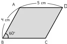 Cuadrilátero ABCD con medidas 4 cm, 5 cm y ángulo de 60°.