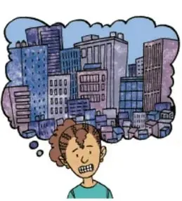 Ilustración de un niño pensativo con una nube de pensamiento que muestra una ciudad.