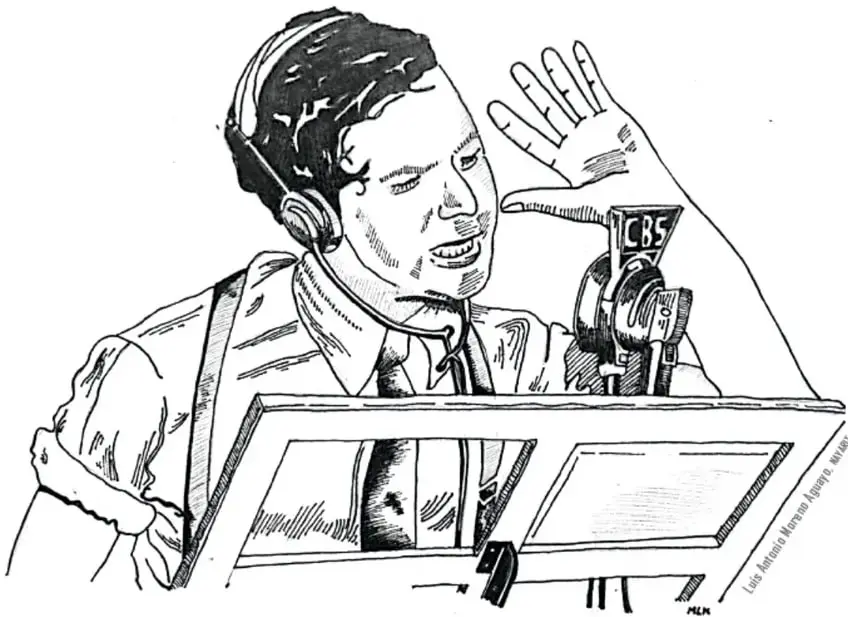 Ilustración en blanco y negro de un locutor de radio joven con audífonos, frente a un micrófono con el logotipo CBS, gesticulando con la mano derecha. Al pie de la imagen se lee 'Luis Antonio Moreno Aguayo / MUMI'.