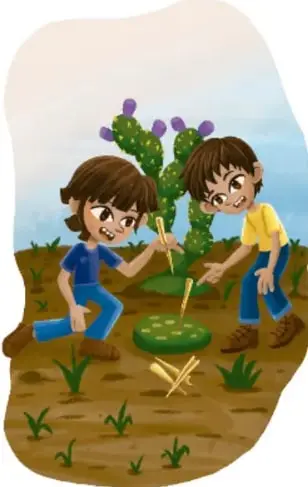 Dos niños juegan a lanzar palitos hacia un nopal podado con formas circulares tipo diana, en un terreno de tierra con nopaleras y matorrales; firmado Armando Amezcua Mora, Guanajuato.