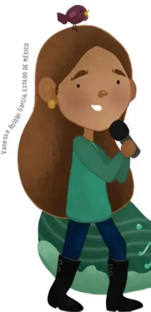 Ilustración de una niña cantando con un micrófono, acompañada de un pájaro y notas musicales.