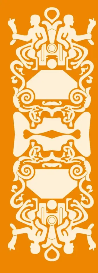 Ilustración simétrica color naranja con figuras estilizadas de dos personas arriba en actitud de movimiento, cuerpos geométricos y motivos de rostros y espirales, de inspiración prehispánica, que representa el equilibrio y la comunidad.