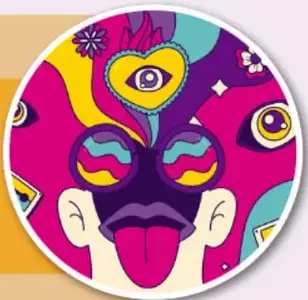 Ilustración circular de una cara psicodélica multicolor con ojos grandes, representando las alteraciones perceptivas; junto a ella una burbuja de texto sobre los riesgos de sobredosis.