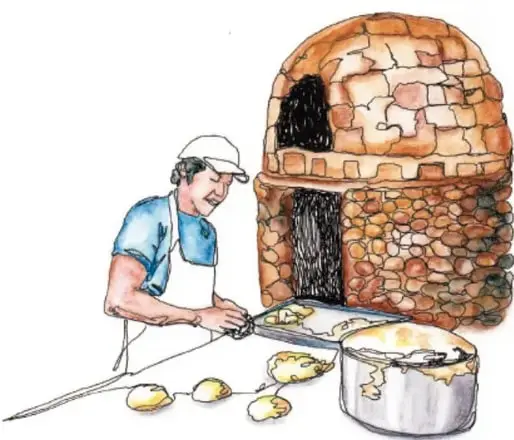 Ilustración de un panadero con gorra y mandil blanco sacando pan de una charola junto a un horno de piedra, con panes y una olla en la mesa. Oración: «El panadero hace ricos panes».