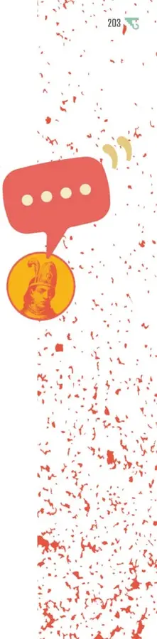 Franja decorativa con salpicaduras rojas sobre blanco y un globo de diálogo rojo con puntos suspensivos; debajo, un círculo naranja con el rostro grabado de una mujer con penacho (Malintzin).