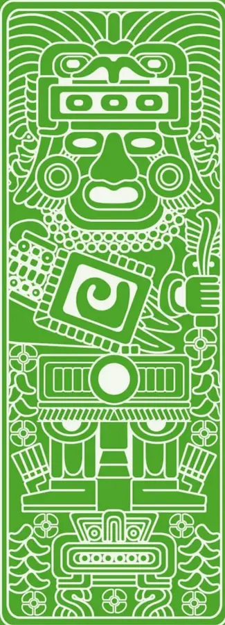 Ilustración estilizada en blanco sobre fondo verde de una figura prehispánica (estilo azteca/mesoamericano) con tocado, máscara y elementos ornamentales, que representa el pasado prehispánico de México.