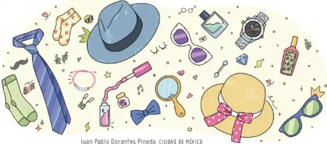 Ilustración de objetos de vestir y accesorios diversos (corbata, sombreros, gafas, maquillaje, reloj, moño, bastón) que simbolizan la diversidad de expresiones de género. Crédito: Juan Pablo Dorantes Pineda, CIUDAD DE MÉXICO.