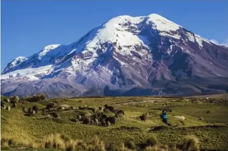 Fotografía del volcán Chimborazo, una montaña de los Andes que se eleva por encima del límite de las nieves perpetuas, aproximadamente a 4650 m s. n. m.