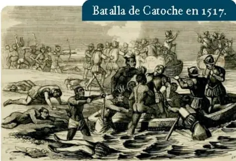 Grabado de la Batalla de Catoche en 1517, con españoles y mayas combatiendo.