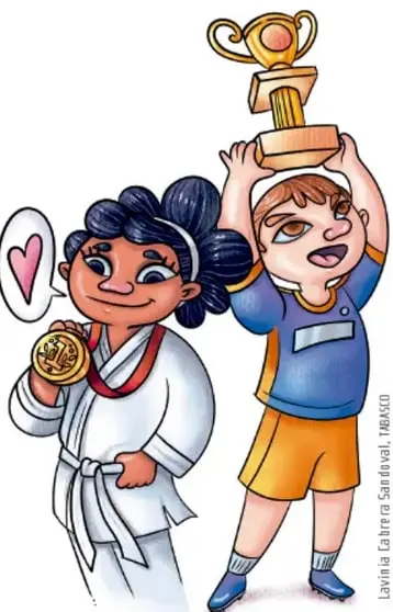 Ilustración de dos niñas/niños sonrientes: una con cinturón de artes marciales sosteniendo una medalla con un corazón, y otro levantando una copa dorada con ambas manos; firma de la ilustradora Lavinia Cabra Saldivar.