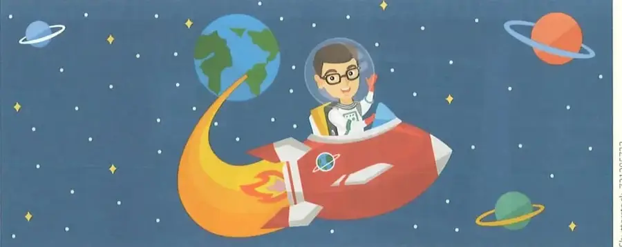 Ilustración de una persona astronauta dentro de una nave espacial roja, viajando entre la Tierra, planetas y estrellas.