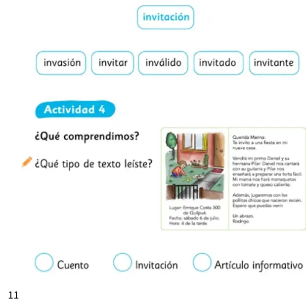 Tarjeta de invitación ilustrada dirigida a Marina, con lugar, fecha, hora y firma de Rodrigo.
