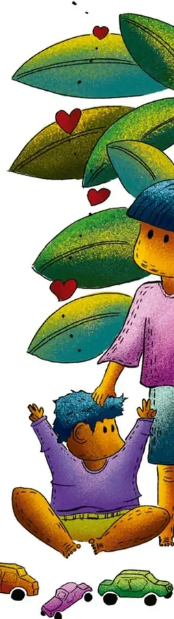 Ilustración de un niño sentado en el suelo con una playera morada y un adulto detrás de él, rodeados de hojas verdes grandes y corazones rojos. Abajo hay tres carritos de juguete.