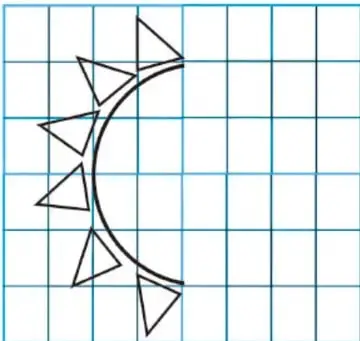 Cuadrícula con una línea vertical y la mitad izquierda de una figura curva con triángulos o púas.