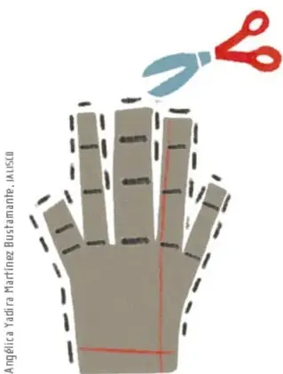 Mano de cartón gris con las puntas de los dedos cuadradas, dobleces marcados con líneas y contorno de popotes dibujado con línea punteada; tijeras rojas arriba (Angélica Yadira Martínez Bustamante, IAISID).