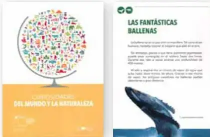 Dos portadas de libros: una con un árbol de palabras y el título 'DEL MUNDO Y LA NATURALEZA', y otra con el título 'LAS FANTÁSTICAS BALLENAS' y la imagen de una ballena saliendo del agua.