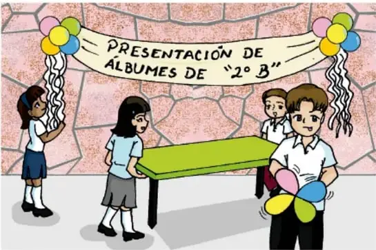Ilustración de alumnos preparando la muestra con un cartel que dice PRESENTACIÓN DE ÁLBUMES DE "2.º B", globos y una mesa (Irene Reyes Santiago, Estado de México).