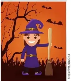 Bruja (witch) con sombrero puntiagudo y escoba sobre fondo naranja con árboles secos. Recuadro azul.