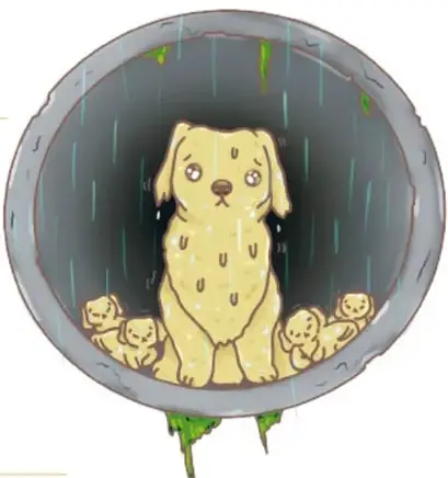 Ilustración de un perro amarillo triste bajo la lluvia dentro de una alcantarilla o túnel, acompañado de tres cachorros pequeños; firmada por Cristy Ailed Reyes Espinosa, Zacatecas.