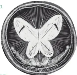 Medalla circular con una mariposa blanca de alas extendidas sobre fondo con líneas radiales.