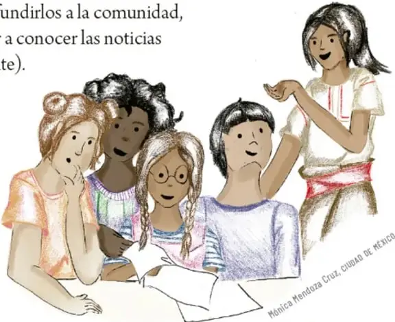 Ilustración de cinco estudiantes de primaria conversando y tomando notas; uno de ellos sostiene una hoja. Al lado derecho, una estudiante de pie levanta la mano.