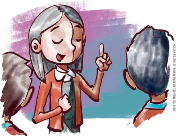 Ilustración de una maestra con una niña, ambas con rasgos indígenas, en actitud de diálogo.