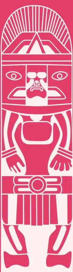 Ilustración gráfica en dos tintas (rosa magenta y rosa pálido) de una figura frontal estilo escultura mesoamericana, con tocado arqueado radiado, ojos, nariguera, brazos flexionados y faldellín rayado, sobre fondo magenta (misma serie de aperturas).