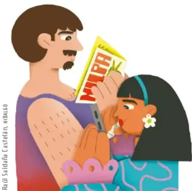 Padre e hija mirando juntos un libro de recetas con la palabra 'MILPA' en la portada.