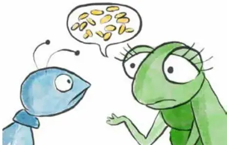 La cigarra y la hormiga conversando; la hormiga tiene un globo de pensamiento con granos de trigo.
