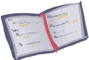 Ilustración de un cuaderno abierto con anotaciones y marcas de colores, que representa el cuaderno de visitas.