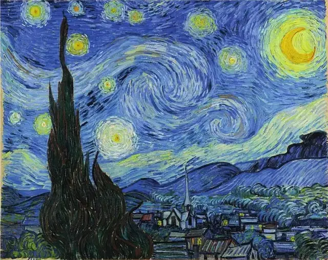 Reproducción de 'The Starry Night' de Van Gogh: cielo azul oscuro con remolinos, estrellas amarillas brillantes, luna creciente, y siluetas de un pueblo y árbol negro en primer plano.