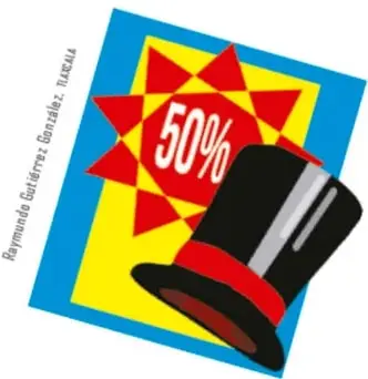 Ilustración de un cartel amarillo con borde azul, una estrella roja con el texto 50% y un sombrero de copa negro con banda roja apoyado en él.