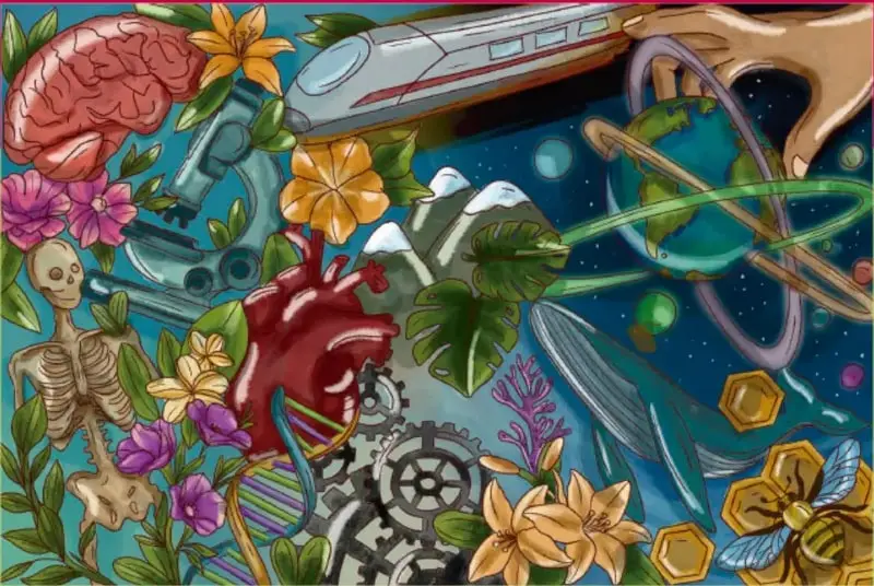 Ilustración colorida de Gimenna Schiaffini Rosales (Puebla): cerebro, microscopio, esqueleto, corazón, ADN, engranajes, flores, montañas, ballena, abeja, tren y una mano que sostiene la Tierra con anillos orbitales, sobre fondo estrellado.