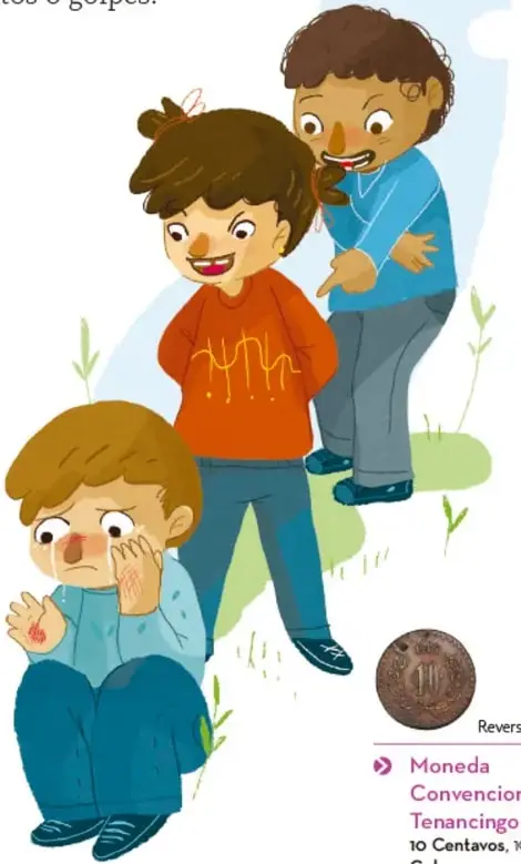 Ilustración de tres niñas y niños: uno llora sentado en el suelo con una rodilla raspada, mientras otras dos figuras se burlan señalándolo. Ilustradora: Tania Edith Juárez Ceciliano, Ciudad de México.