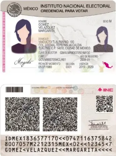 Imagen de la credencial para votar del INE, anverso y reverso, con datos personales, fotografía y códigos de barras.