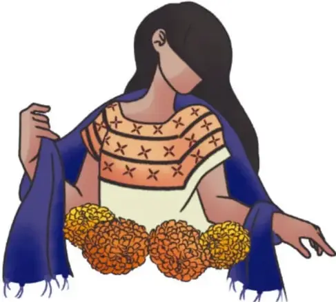 Ilustración de una niña con rebozo azul y huipil bordado, sosteniendo un ramo de flores; crédito: Mariana Reyes Santiago, Estado de México.